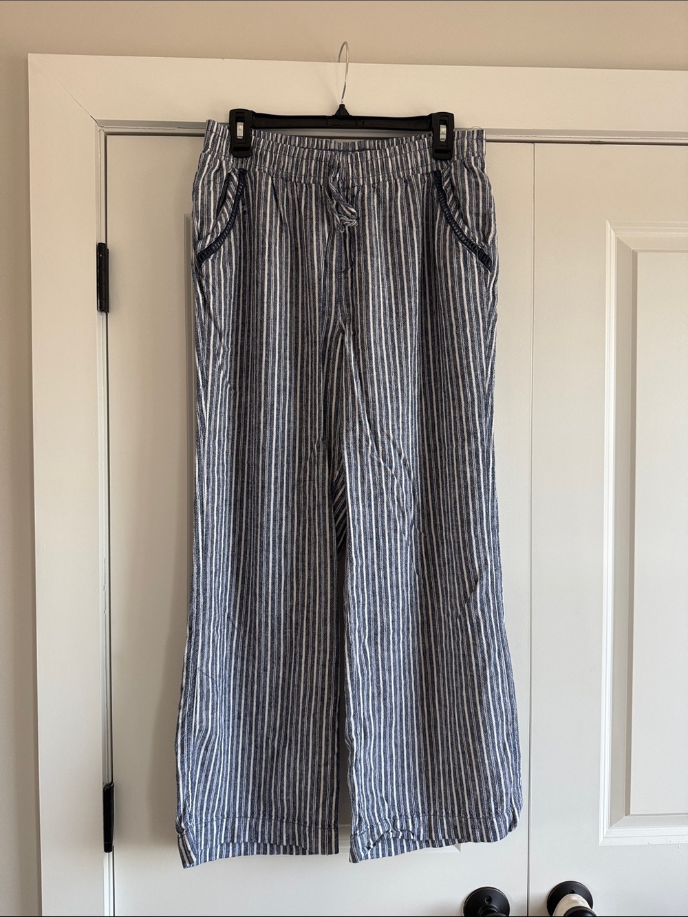 Blue Striped Drawstring Linen Pants - Blue & White